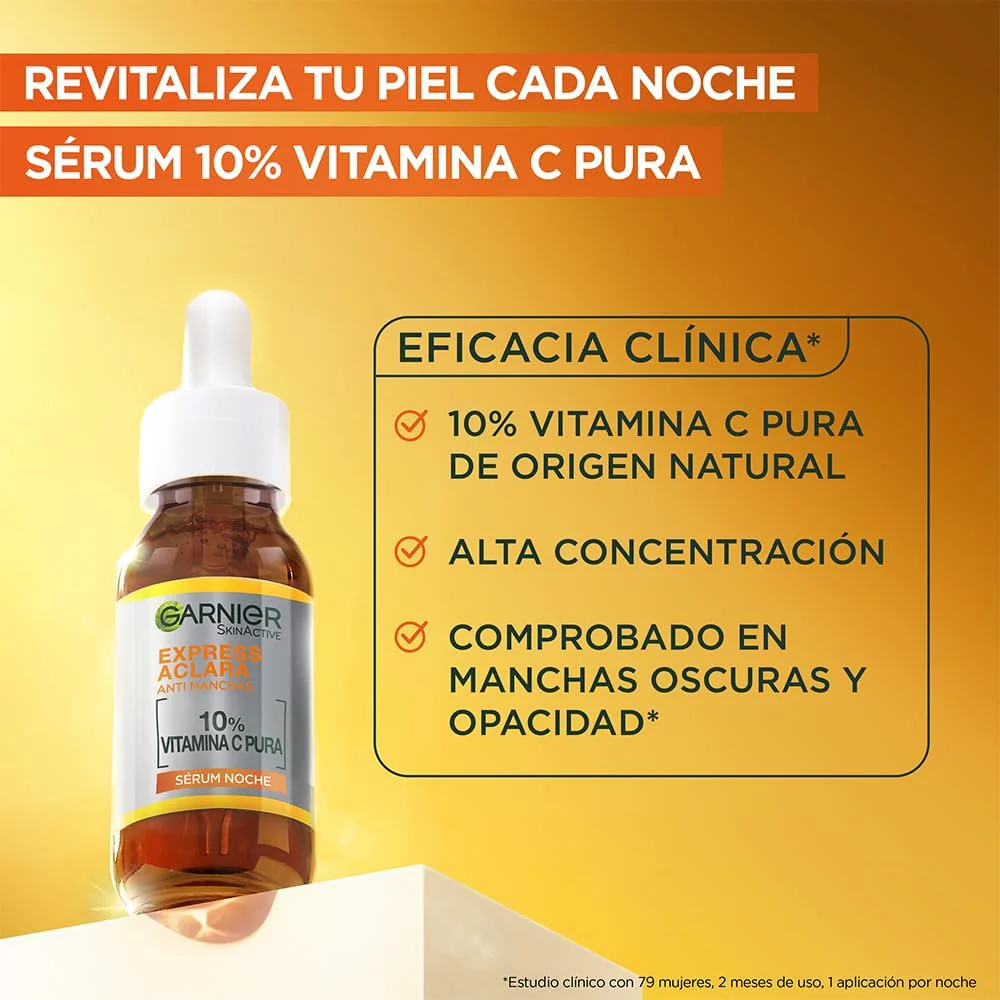 Garnier Express Aclara Serum Noche Antimanchas con 10% Vitamina C Pura para una Piel Radiante, reduce las Manchas durante la Noche, 30ml - Image 3